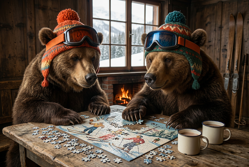 Deux ours en bonnets de ski assemblent un puzzle dans un chalet en bois
