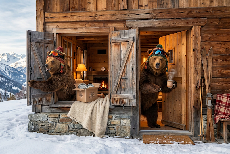 Deux ours ouvrent les volets et la porte d’un chalet enneigé