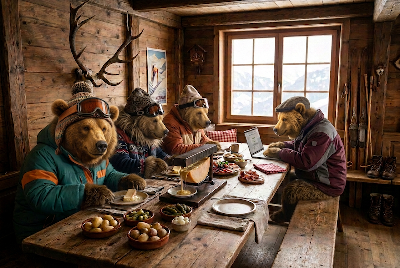 Des ours en réunion-raclette dans un chalet